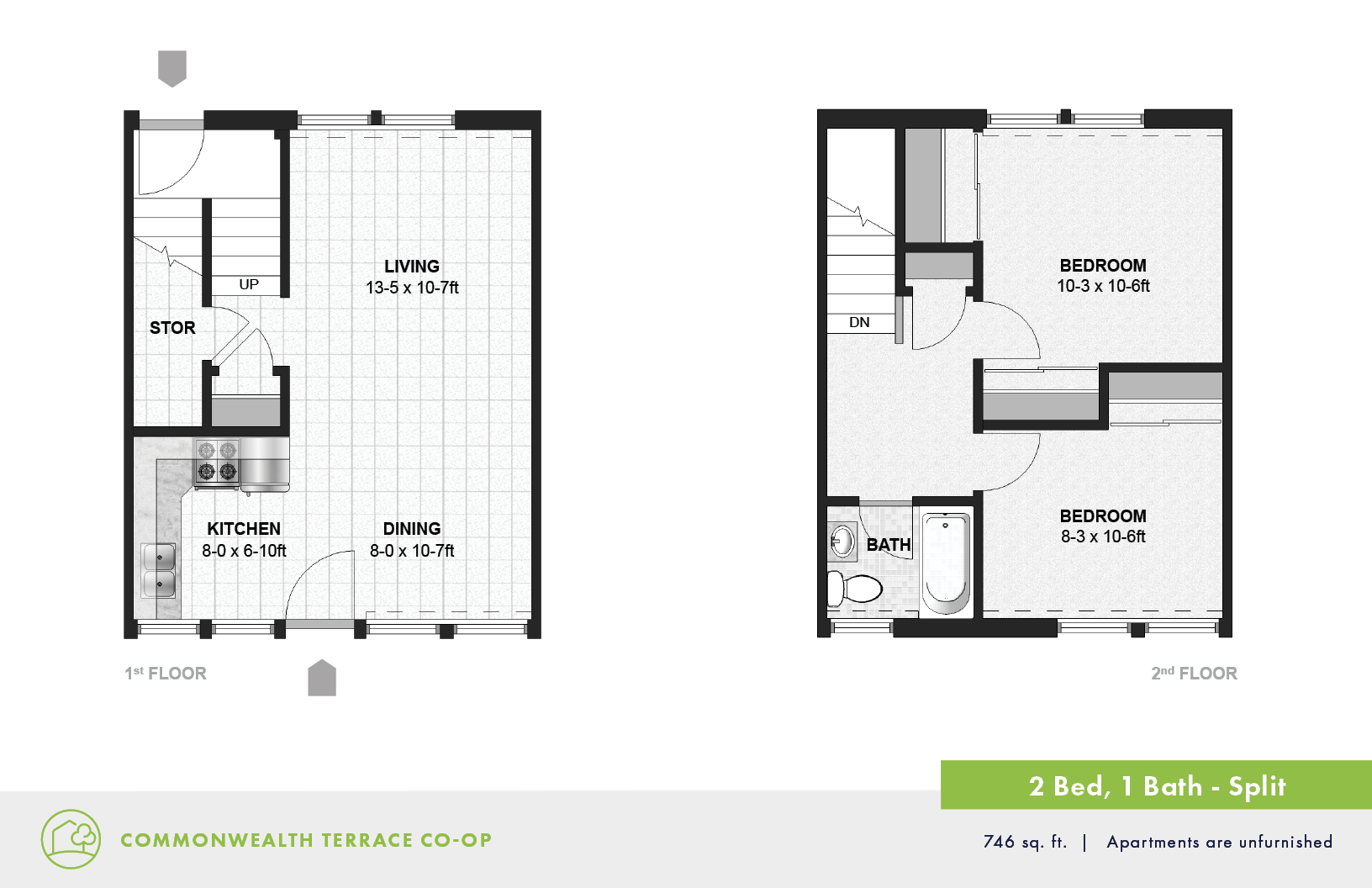 Floor plan for 2 beds, 1 bath, 746 sqft